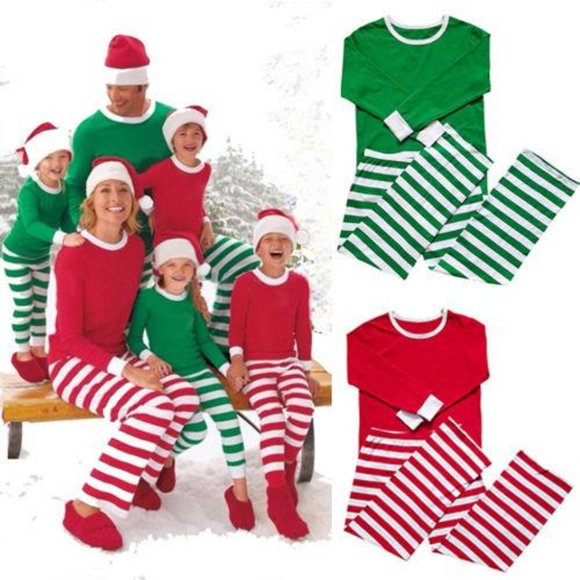 Matching Green Striped Winter Christmas Family Pajamas PJs Mix & Match - Picture 7 of 13